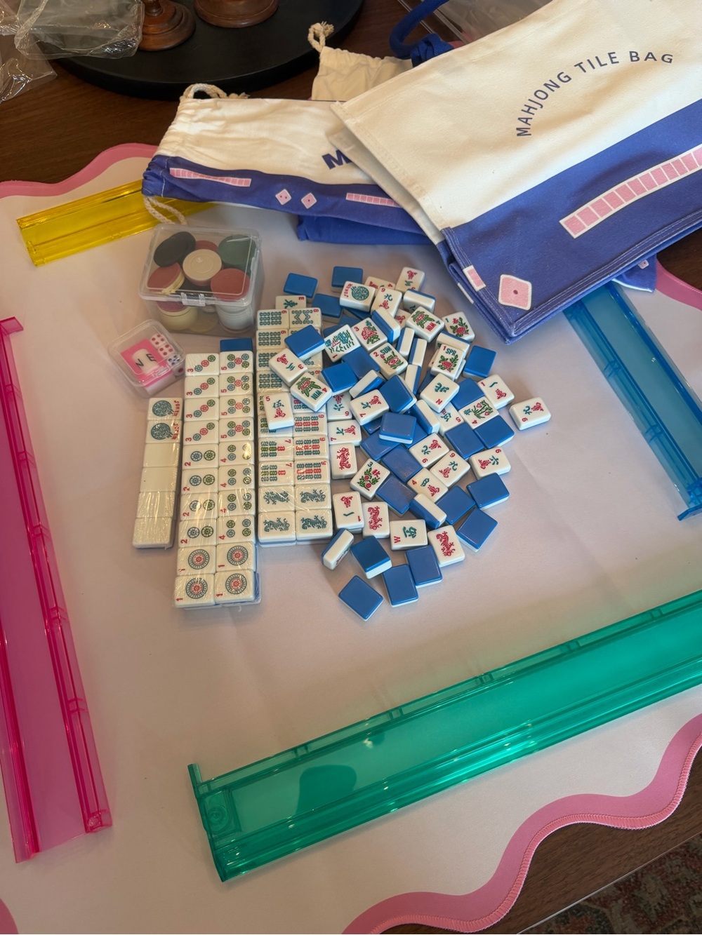 Mahjong Tile Set with Blue Tiles and Accessories